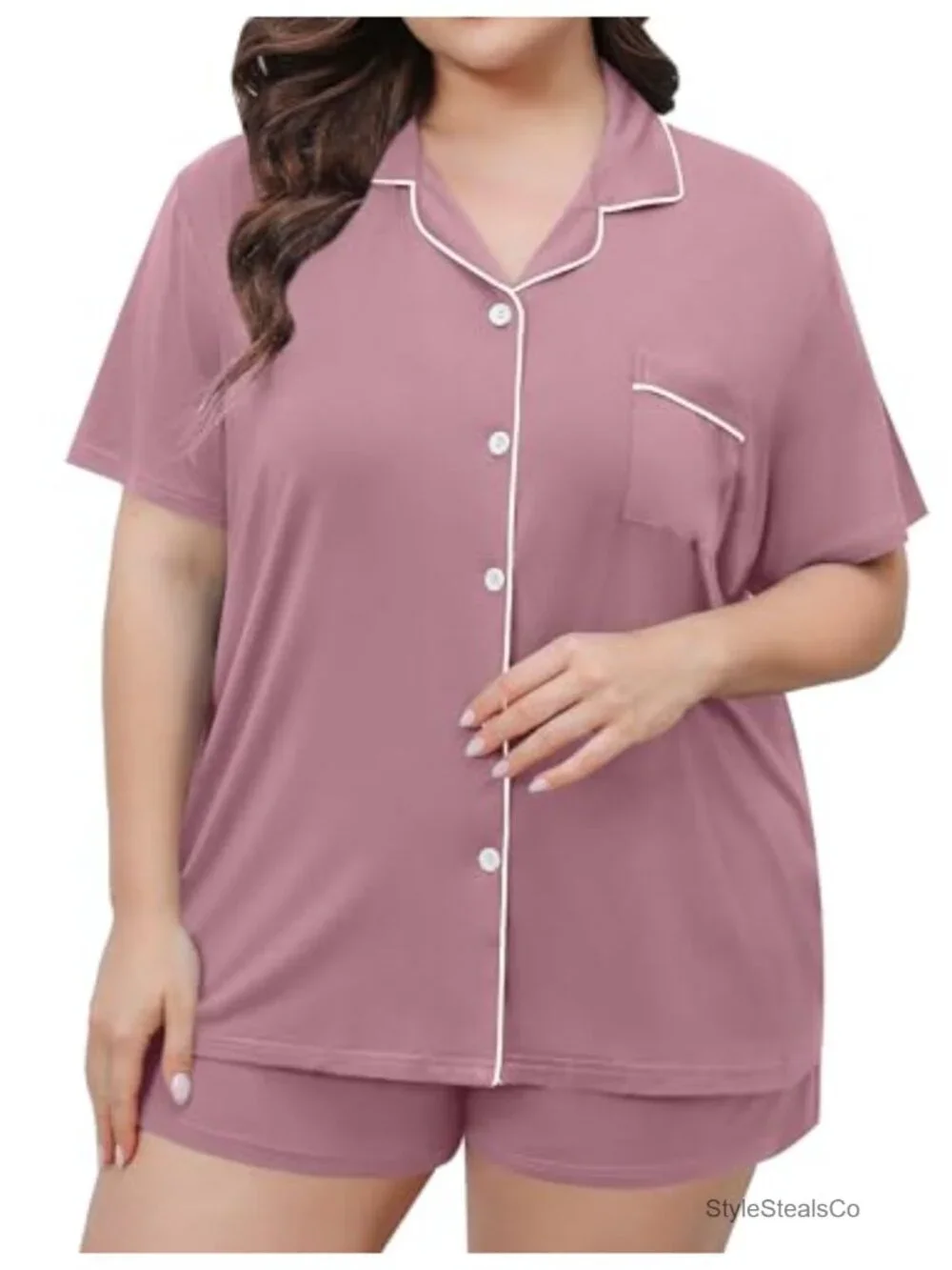 Plus Size Pajama Set Button Down Short Sleeve Sleepwear Lounge Set With Pocket